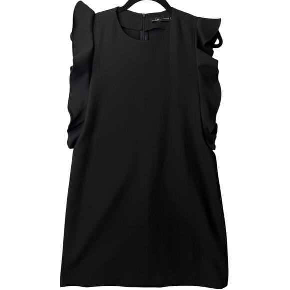 ZARA WOMAN Black Flutter Sleeve Shift Dress M Mini Minimalist Modern Chic - Picture 2 of 11